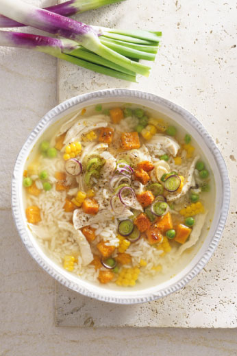 Sopa de arroz y pollo